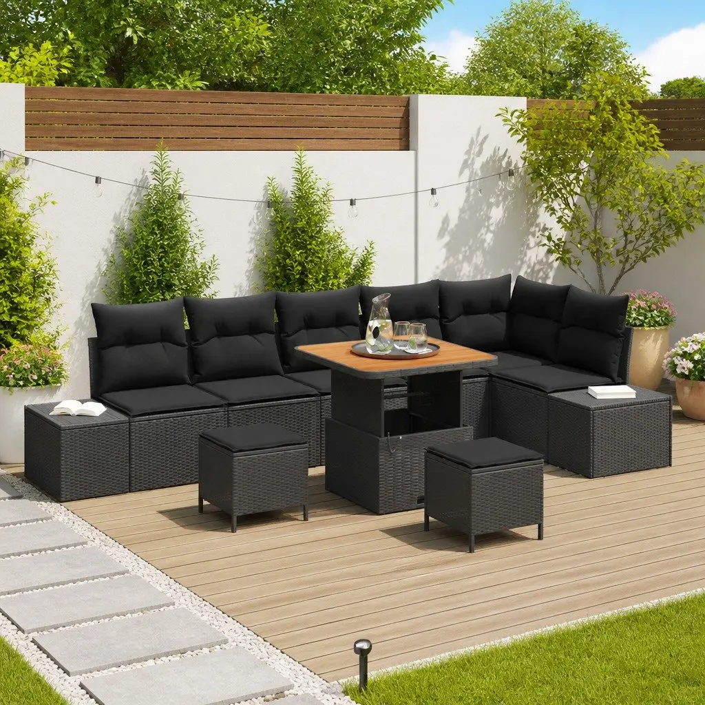9 Piece Outdoor Garden Sofa Set Poly Rattan Black with Cushions