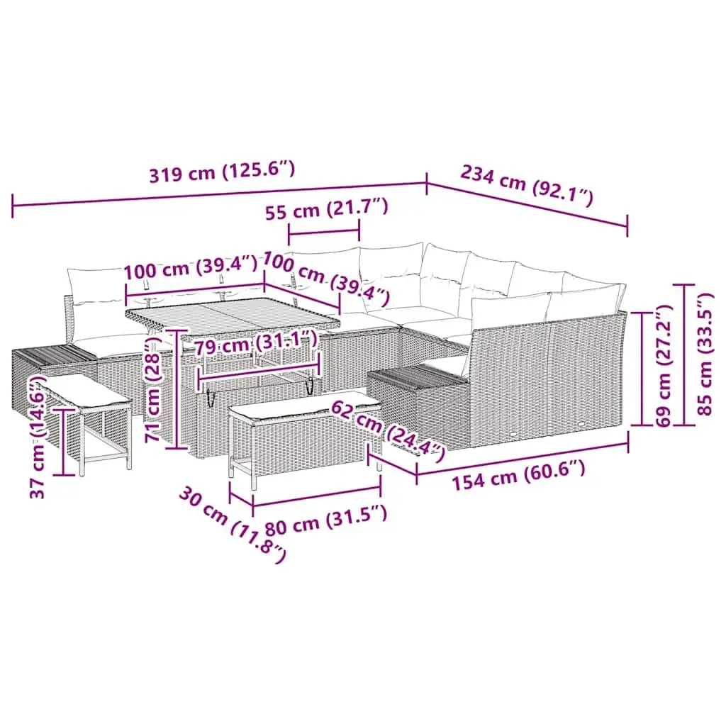 Outdoor Garden Sofa Set 12 Piece Black Poly Rattan Modular Furniture Lounge