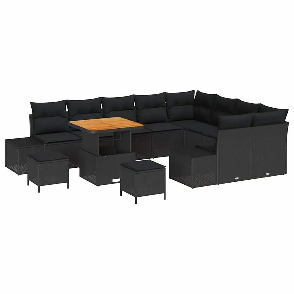 Outdoor Sofa Set 12-Piece Poly Rattan Steel Frame Acacia Wood Black