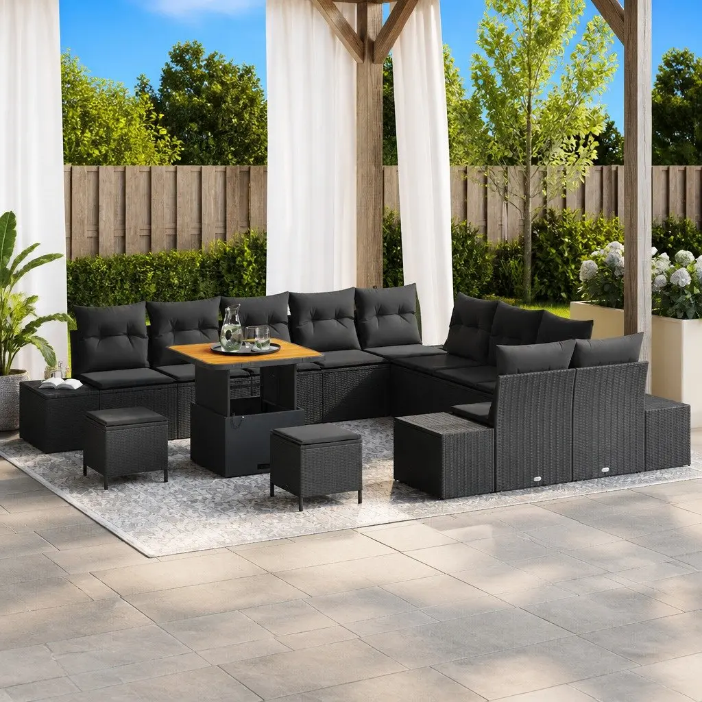 Outdoor Furniture Set Poly Rattan 13 Pieces Black with Cushions and Steel Legs for Garden and Patio