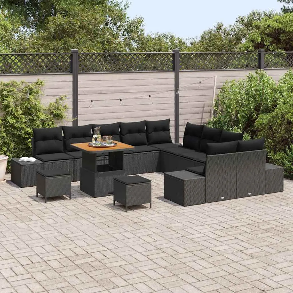 Outdoor Furniture Set Poly Rattan 13 Pieces Black with Cushions and Steel Legs for Garden and Patio