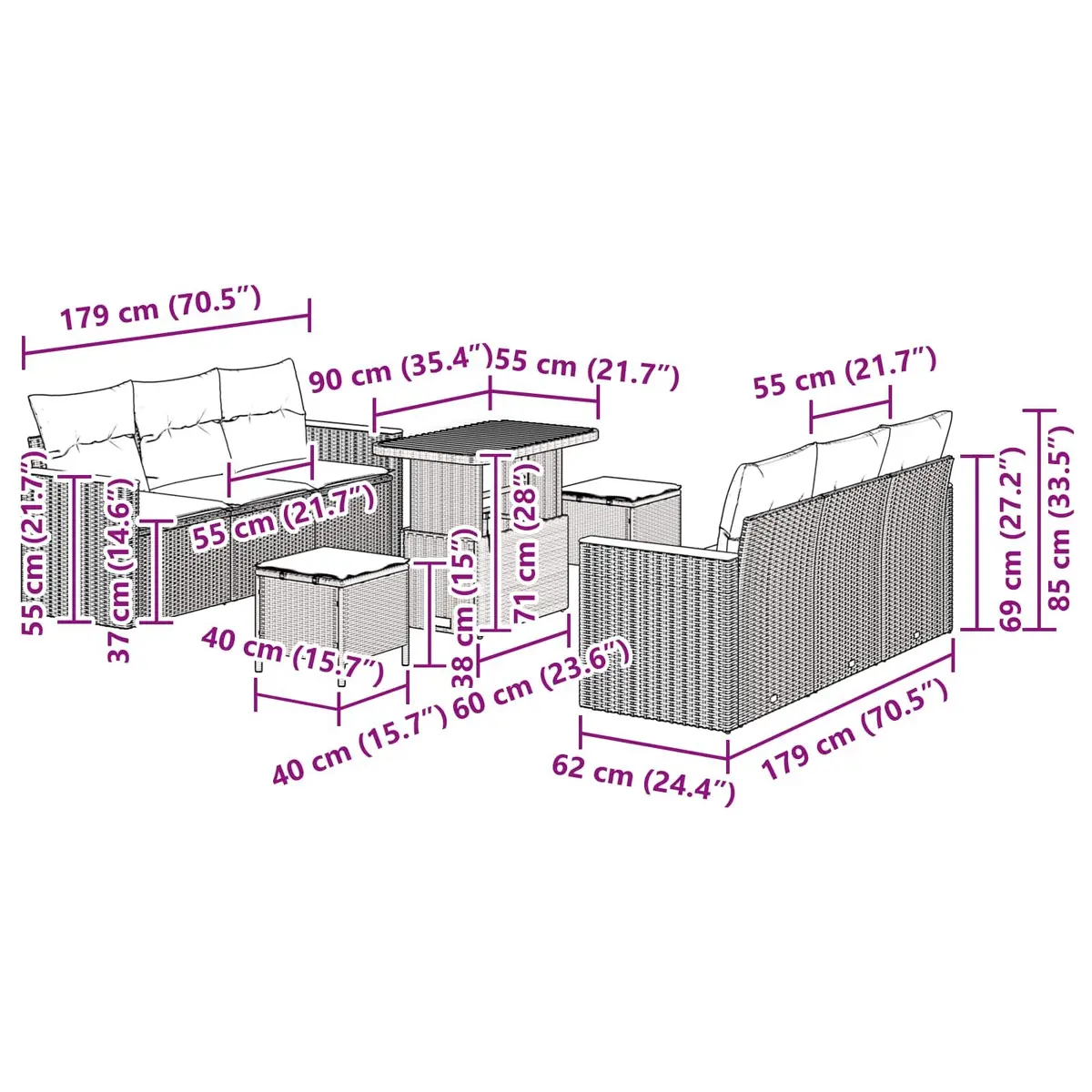 Garden Sofa Set Modular Black Rattan 9 Piece Outdoor Furniture