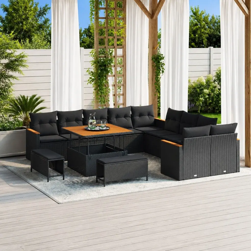 Garden Sofa Set Poly Rattan Acacia Wood 13 Piece Black Outdoor Furniture