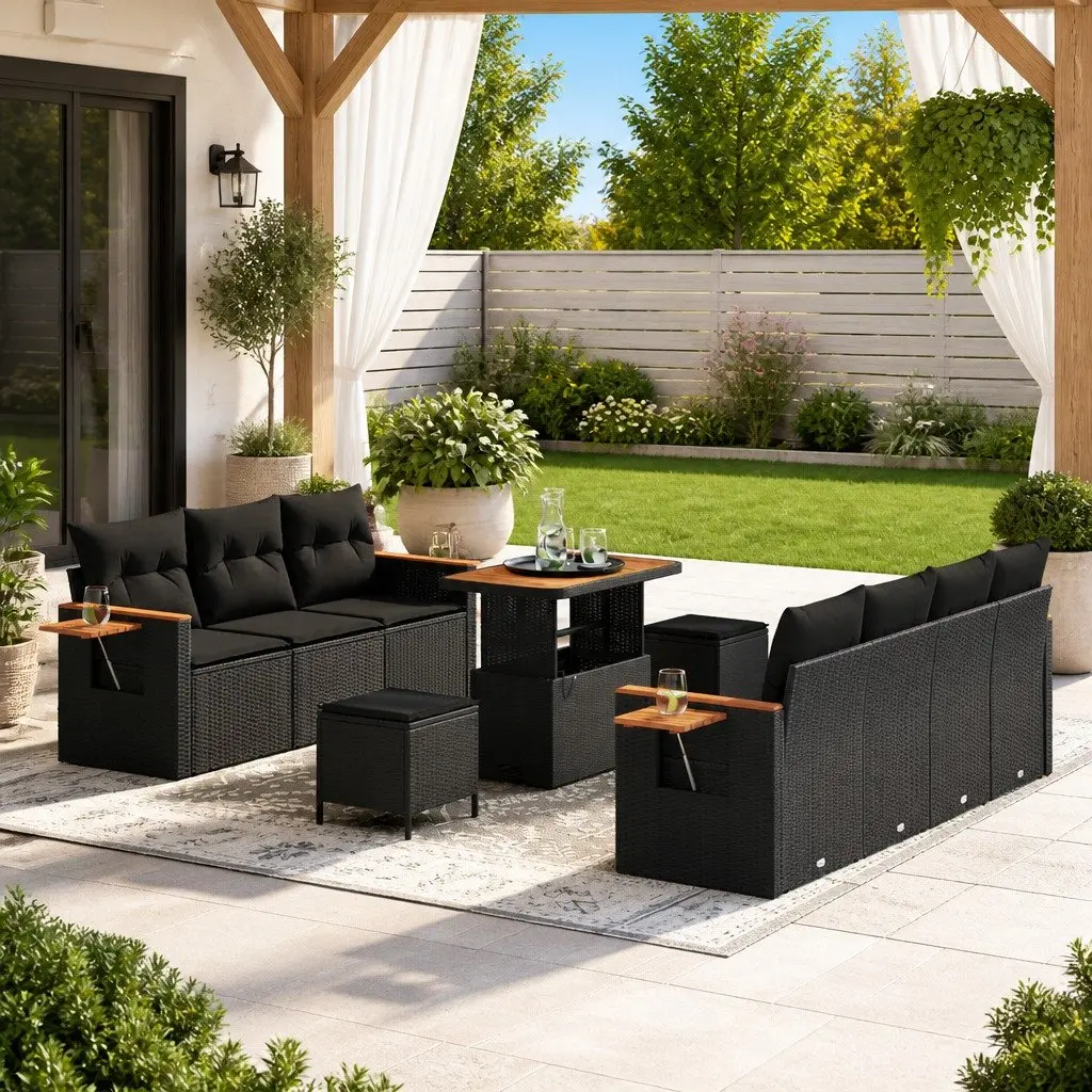 Garden Sofa Set 10 Piece Outdoor Furniture Black Poly Rattan Modular Lounge