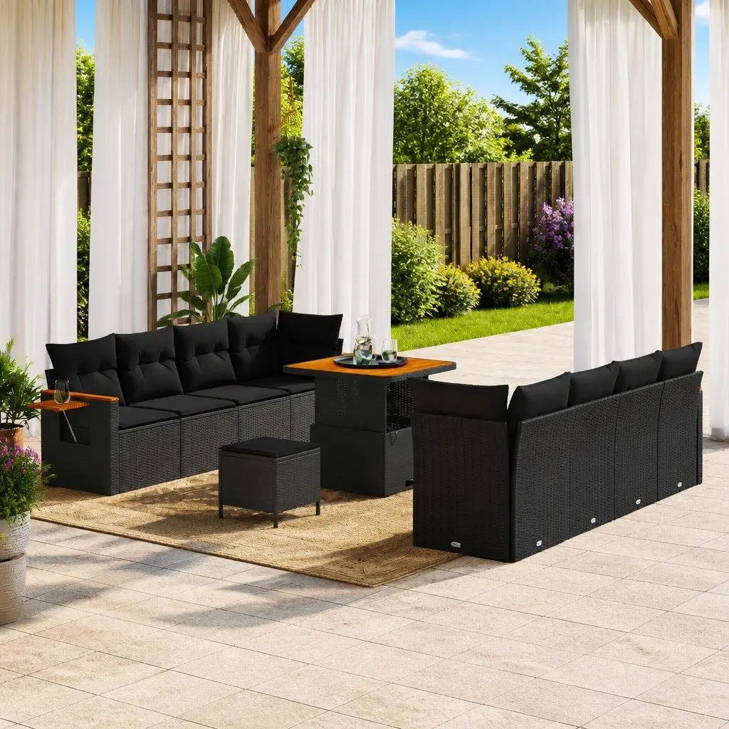 Modular Garden Furniture Set 11 Pieces Black Poly Rattan Acacia Outdoor Sofa