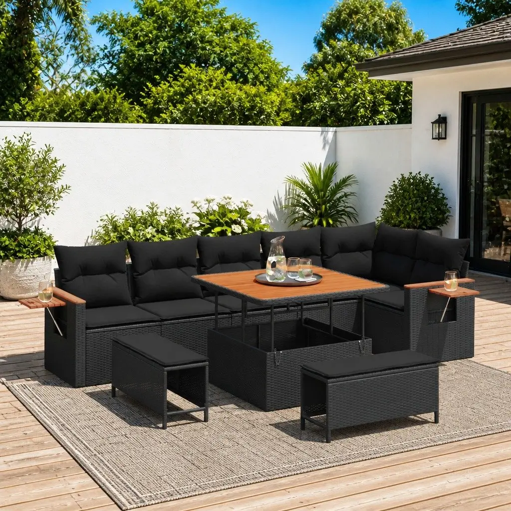 Garden Sofa Set Modular Poly Rattan 9 Pieces Outdoor Patio Furniture Black