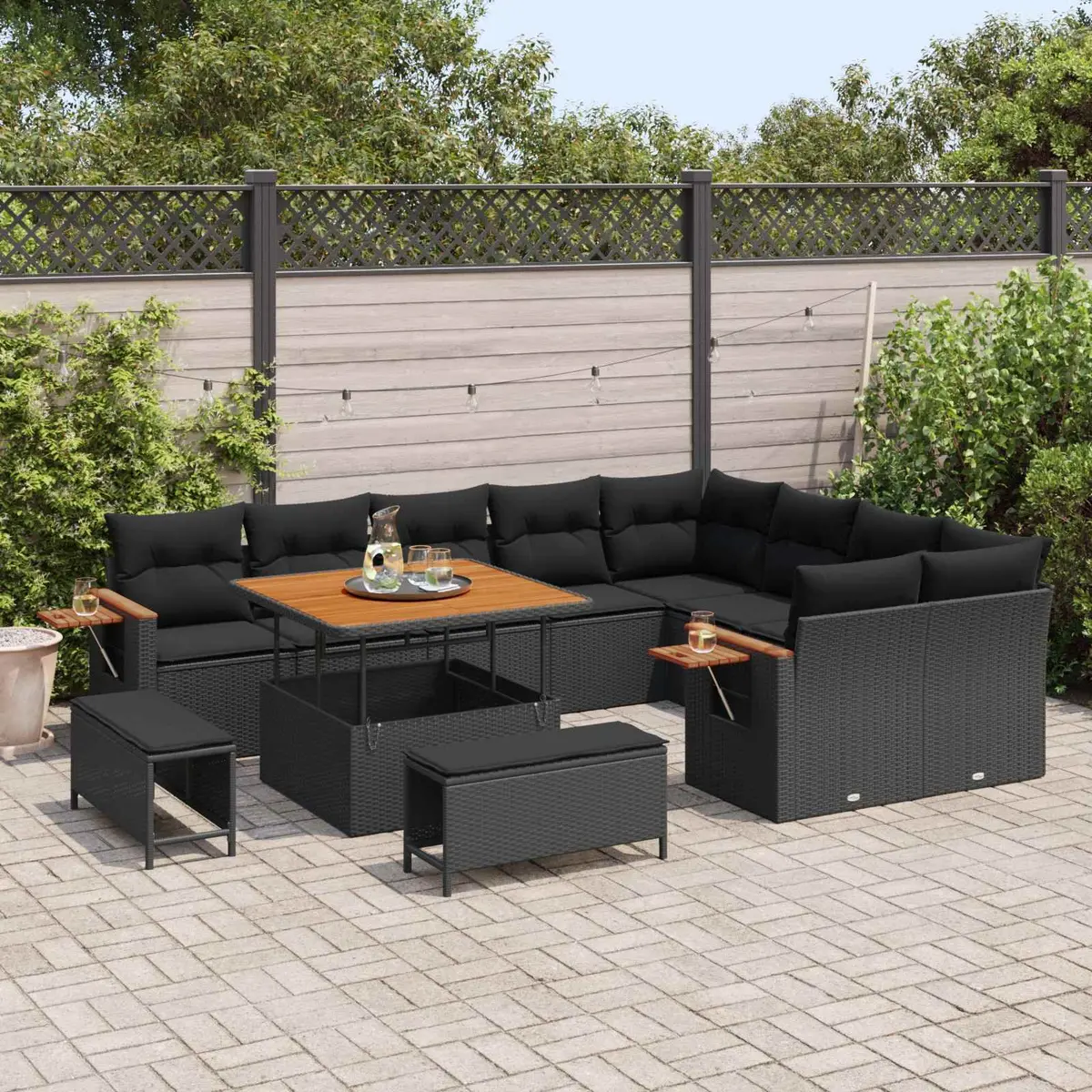 Garden Sofa Set 12pcs Black Outdoor Furniture Modular Poly Rattan Lounger