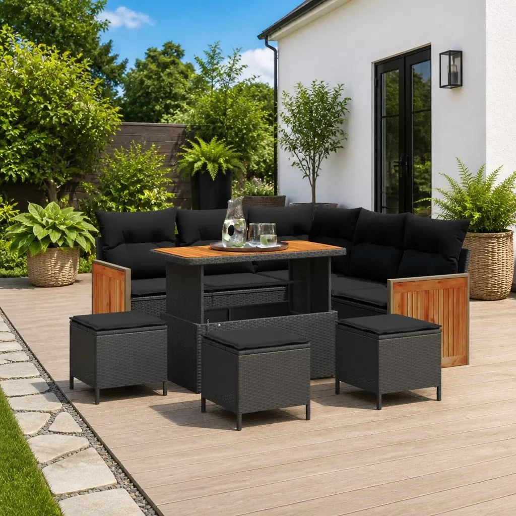 Outdoor Garden Sofa Set Poly Rattan Steel Frame 9 Piece Black