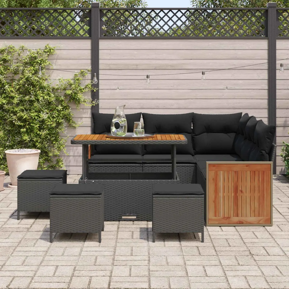 Outdoor Garden Sofa Set Poly Rattan Steel Frame 9 Piece Black