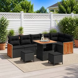 Outdoor Garden Sofa Set 9 Piece Black Poly Rattan Steel Frame Patio Seating