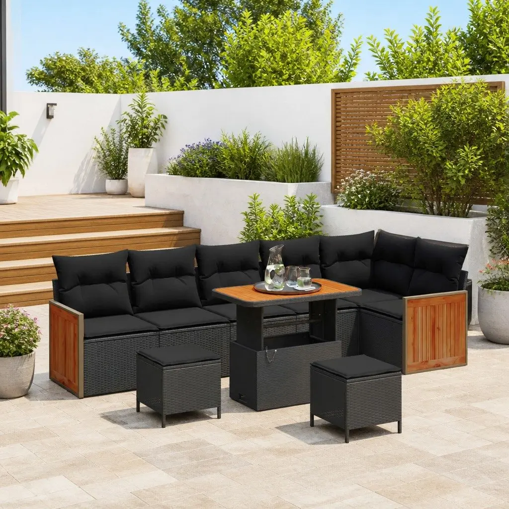 Garden Sofa Set Poly Rattan 9 Pieces Outdoor Seating Black Steel Frame