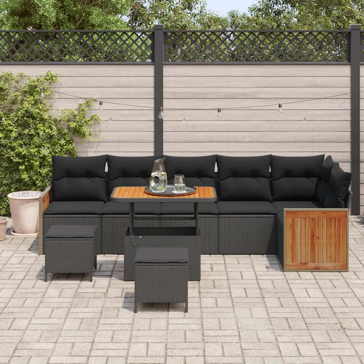 Garden Sofa Set Poly Rattan 9 Pieces Outdoor Seating Black Steel Frame