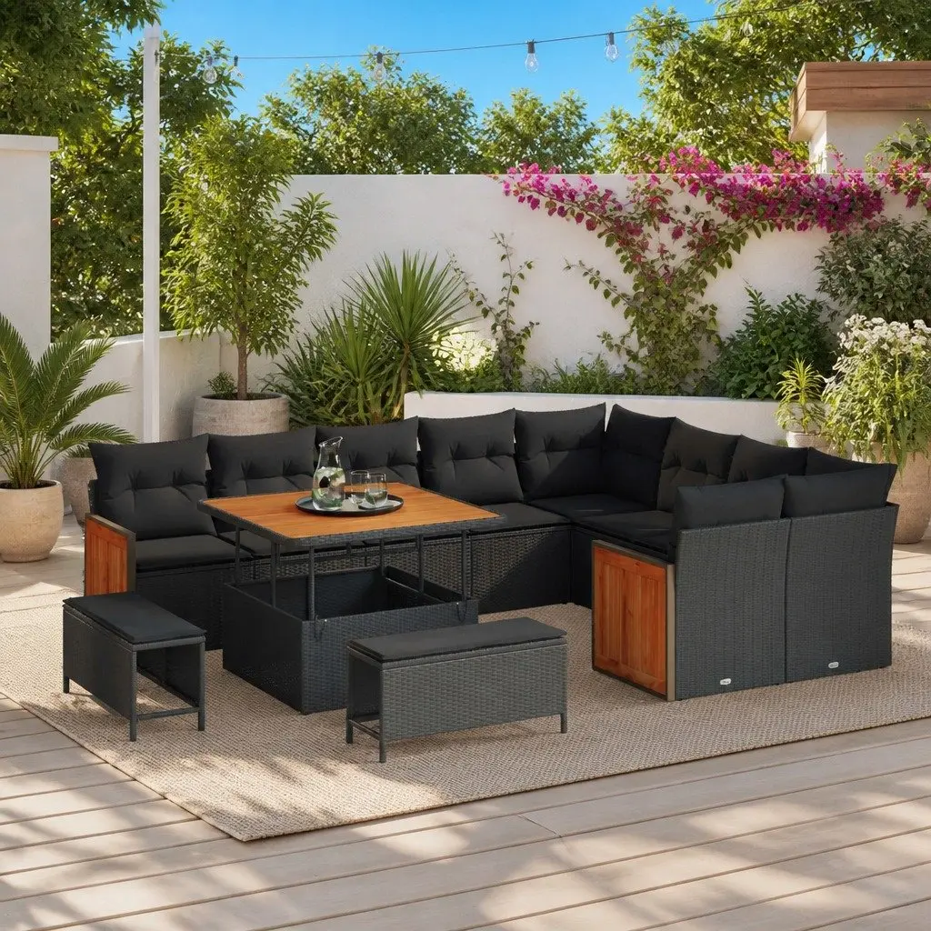 Garden Sofa Set Poly Rattan 12 Piece Black Outdoor Patio Lounge Furniture