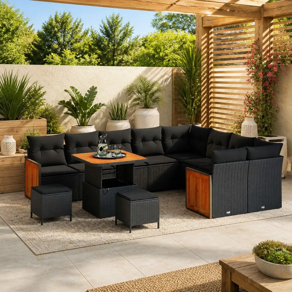 Outdoor Garden Sofa Set Poly Rattan 12 Pieces Black Weather Resistant Cushions