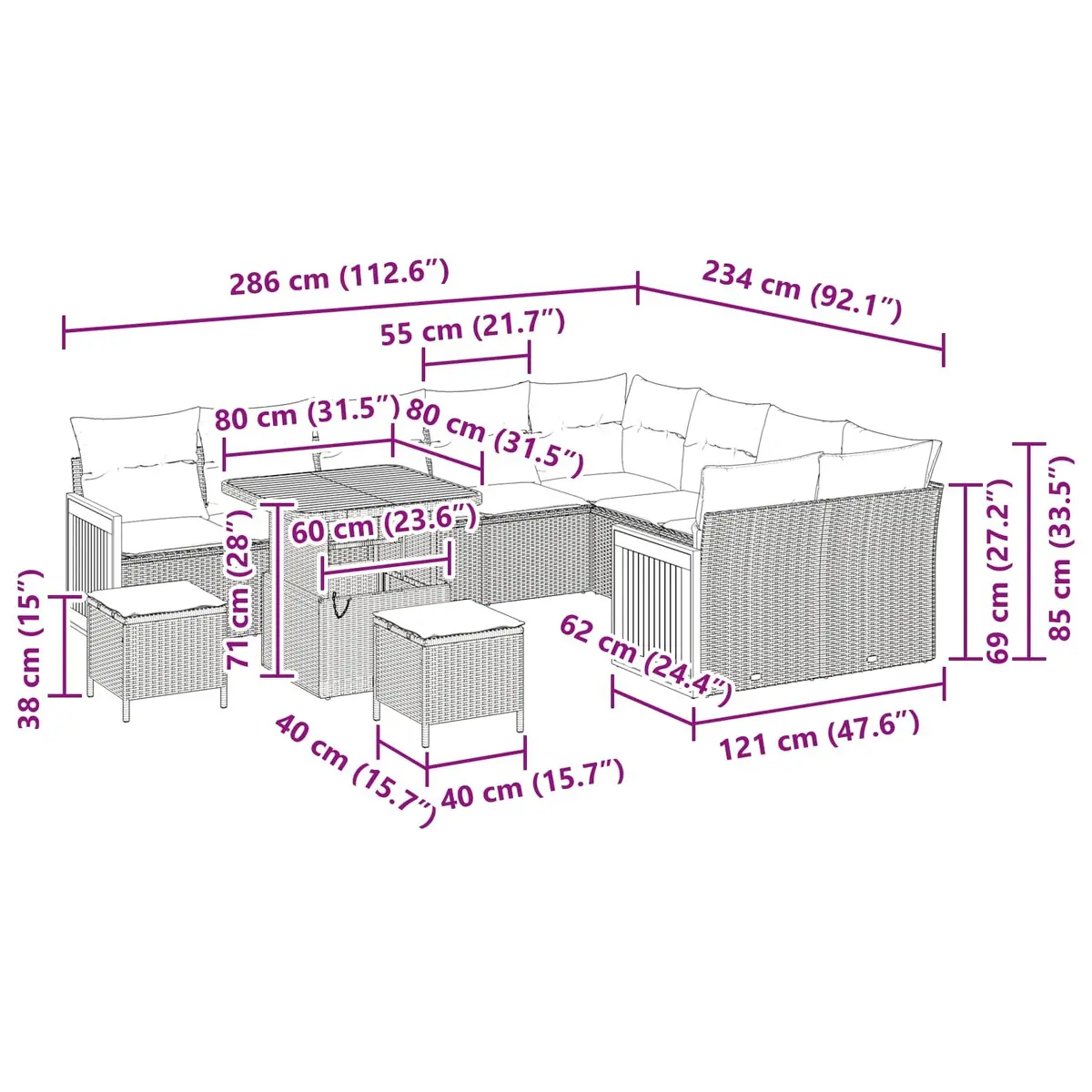 Outdoor Garden Sofa Set Poly Rattan 12 Pieces Black Weather Resistant Cushions