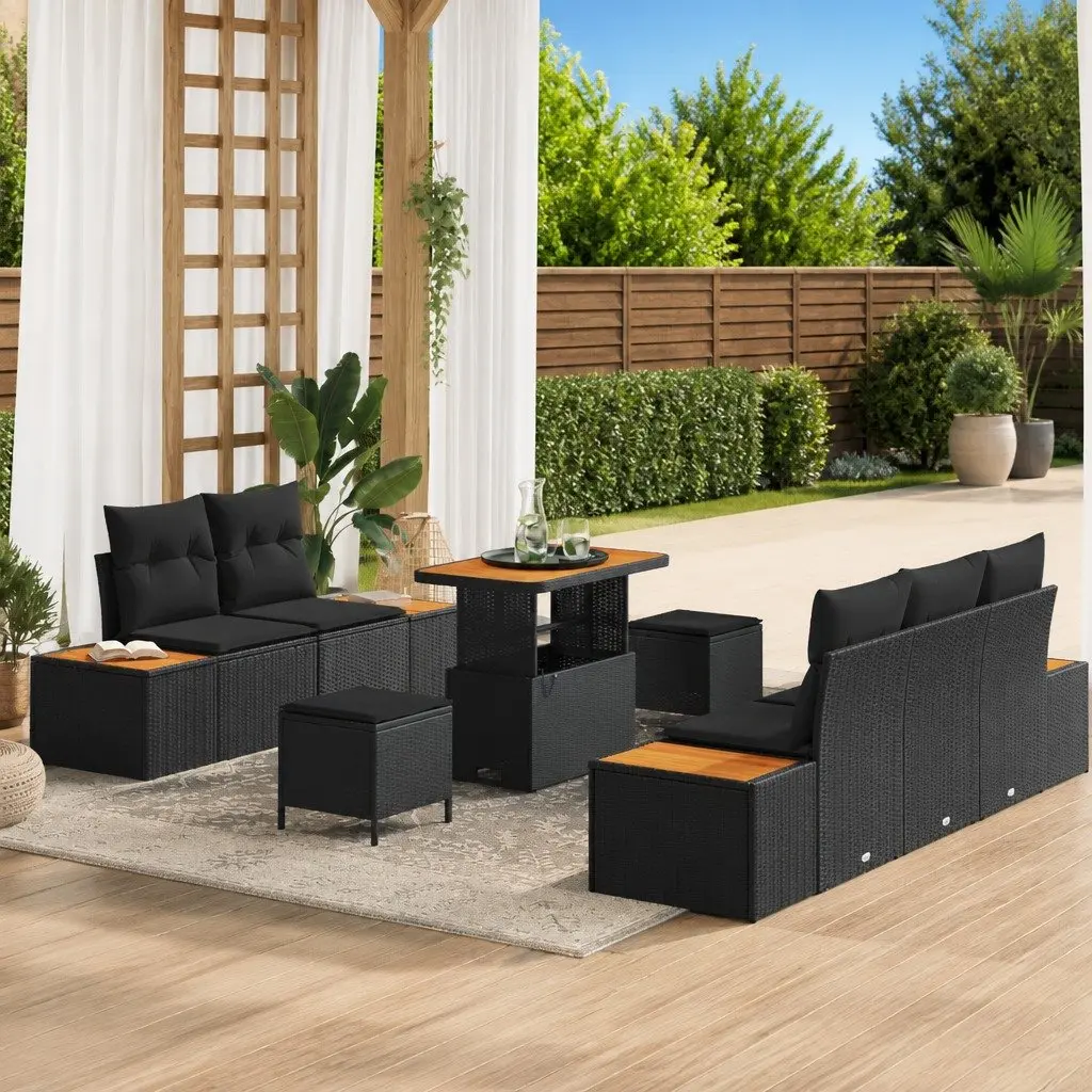 Outdoor Garden Sofa Set 8 Piece Modular Seating Black Poly Rattan Steel Frame
