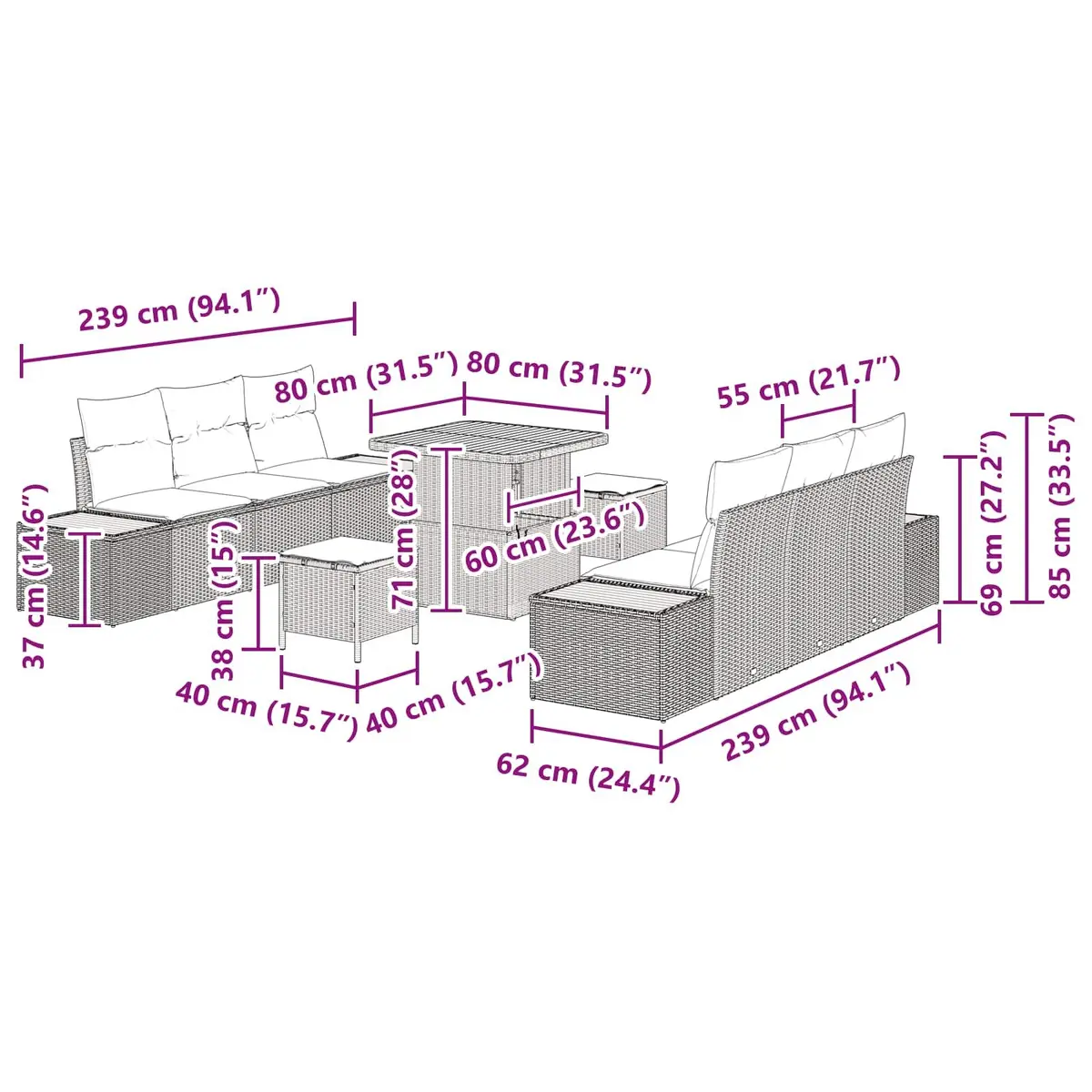 Outdoor Sofa Set 9 Piece Modular Poly Rattan Black Powder Coated Steel Frame