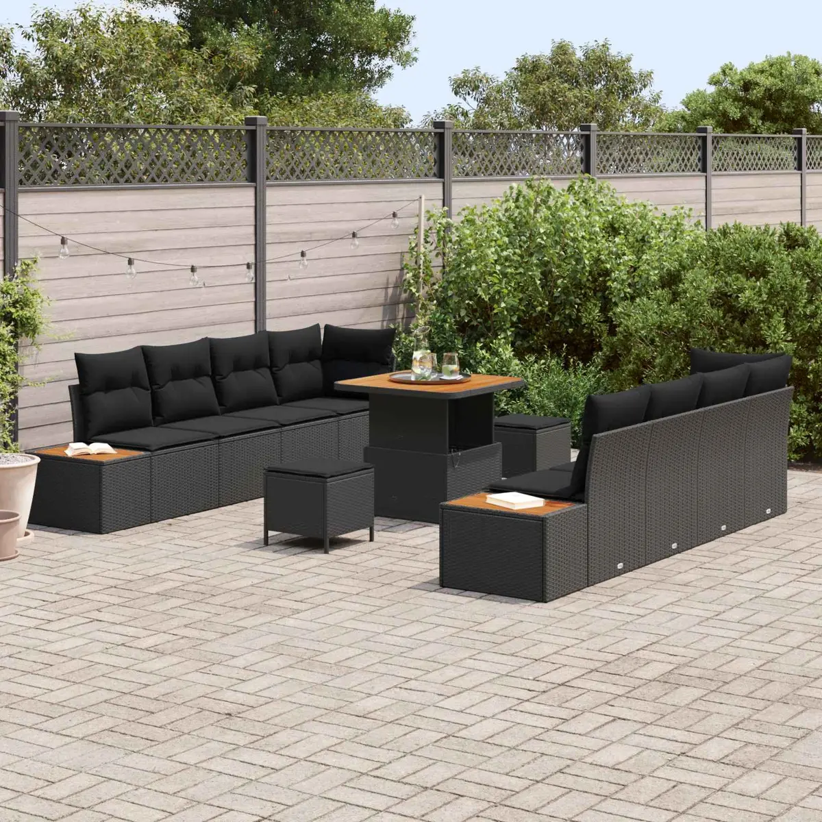 Outdoor Sofa Set Poly Rattan Steel Black 11 Pieces Garden Furniture