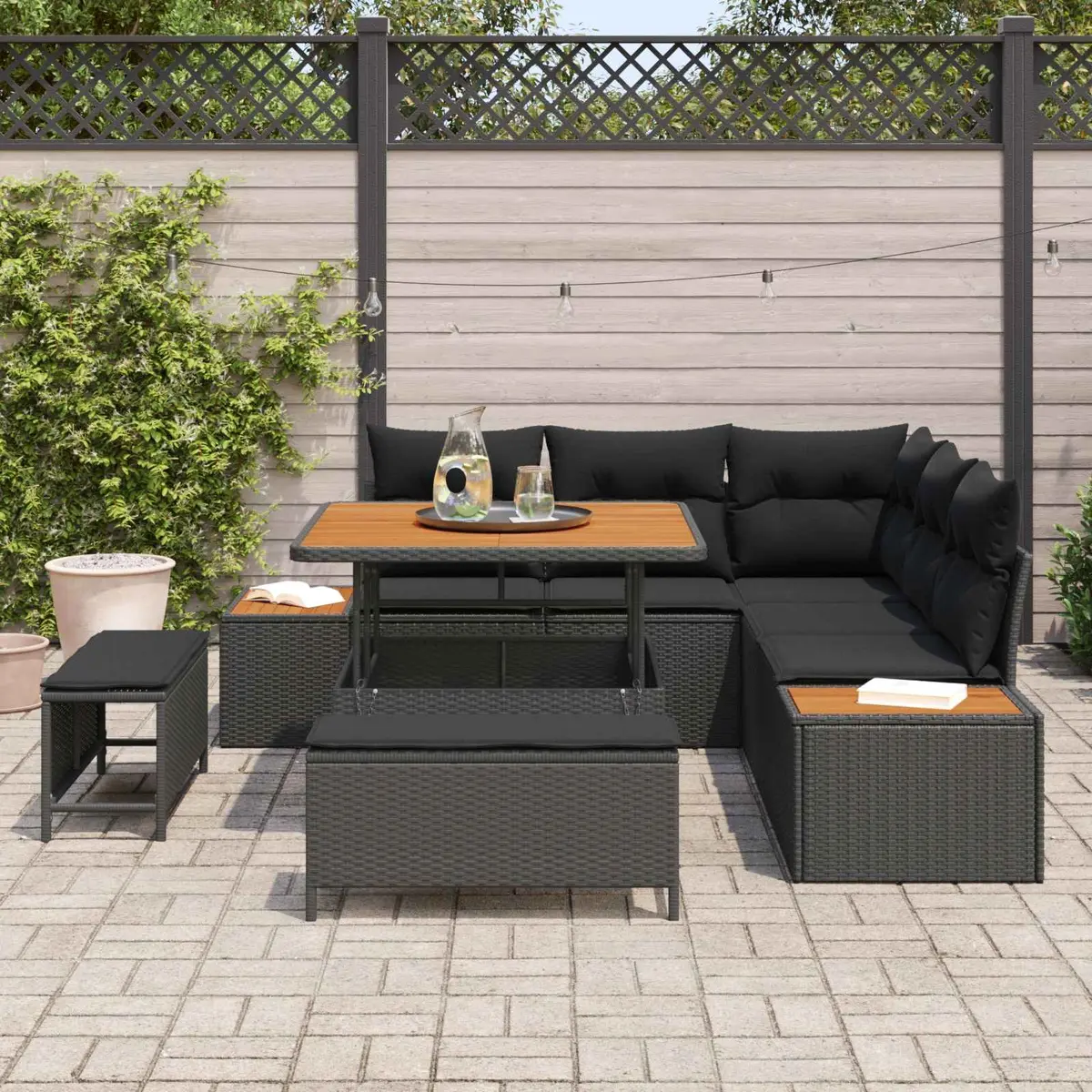 Outdoor Garden Sofa Set 8 Piece Modular Patio Seating Black Rattan Steel Frame
