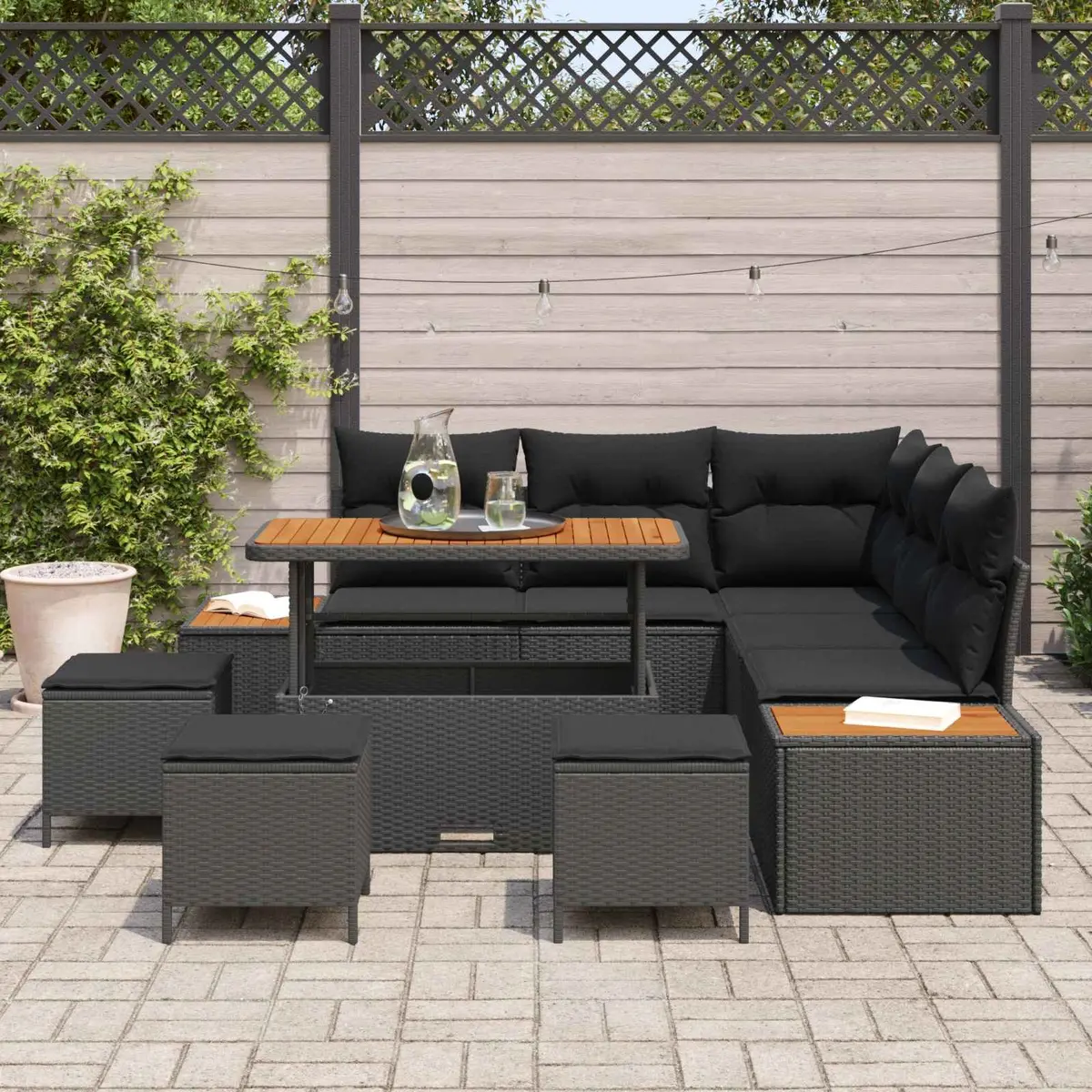 Outdoor Garden Sofa Set Poly Rattan Steel Frame 9 Pieces Black Modular Patio Seating