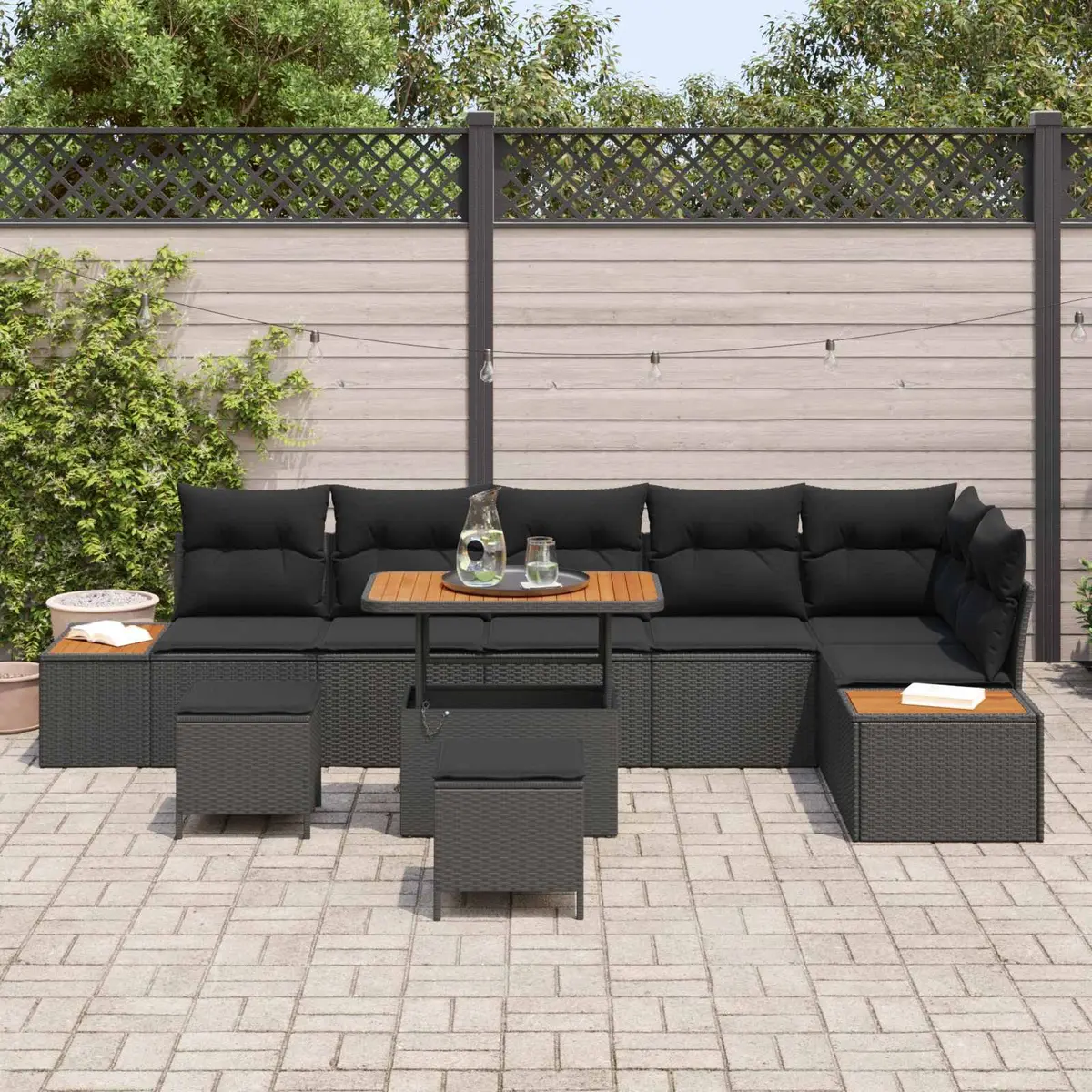 Garden Sofa Set Modular Poly Rattan and Powder-Coated Steel 9 Piece Outdoor Seating Black