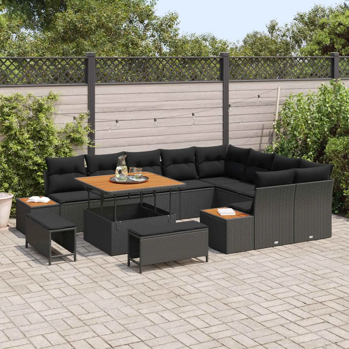 Outdoor Sofa Set Black Poly Rattan Powder Coated Steel 12 Piece Adjustable Table with Cushions
