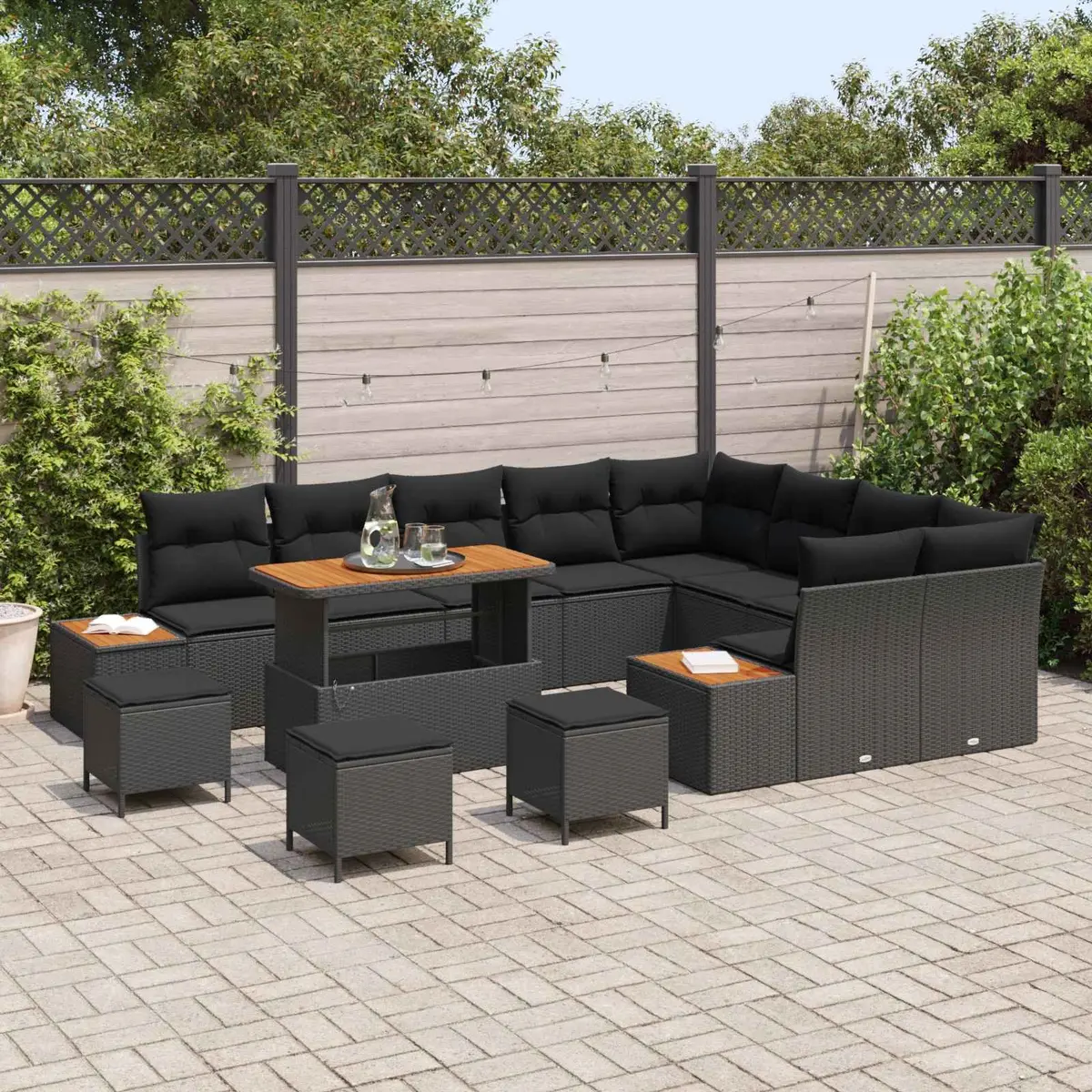 Outdoor Garden Sofa Set Modular Poly Rattan Steel Acacia Wood 13 Piece Black