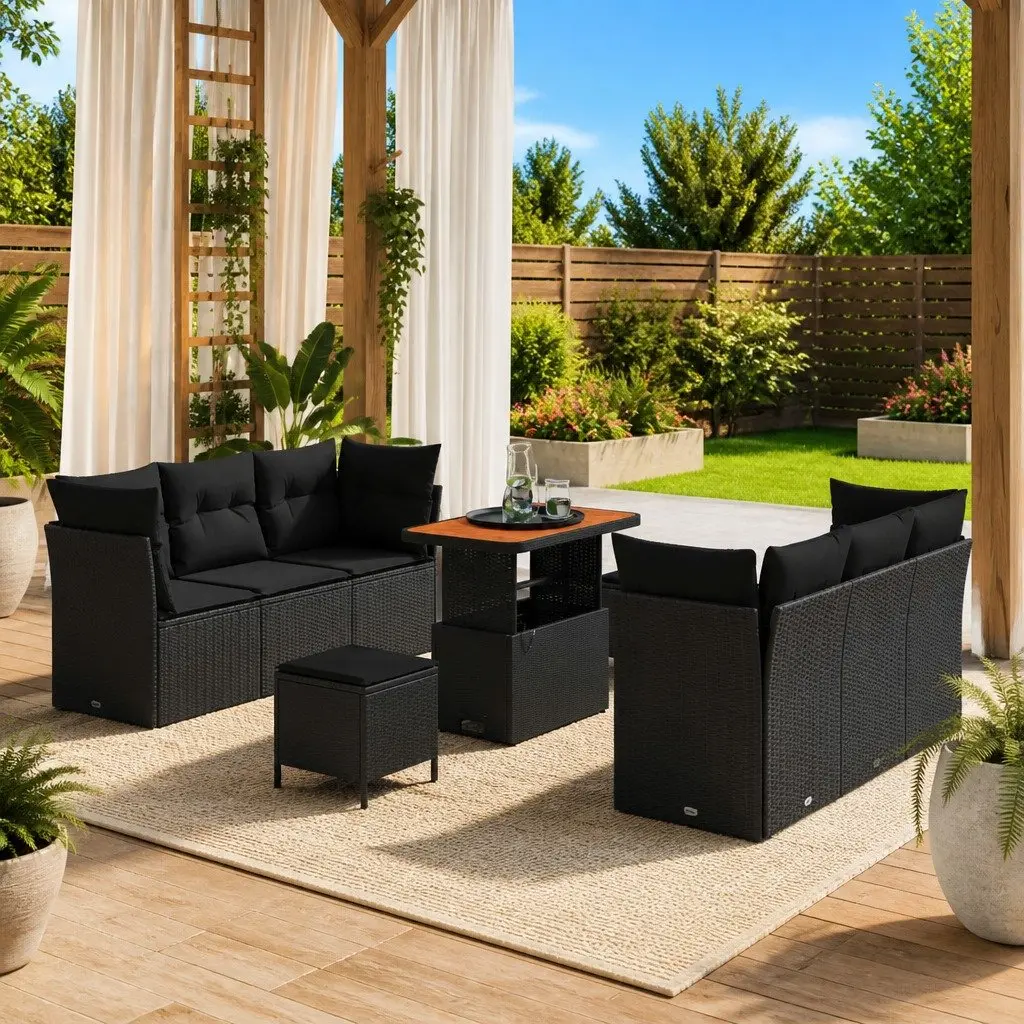 Garden Sofa Set Modular Poly Rattan 9 Piece Outdoor Seating with Cushions Black