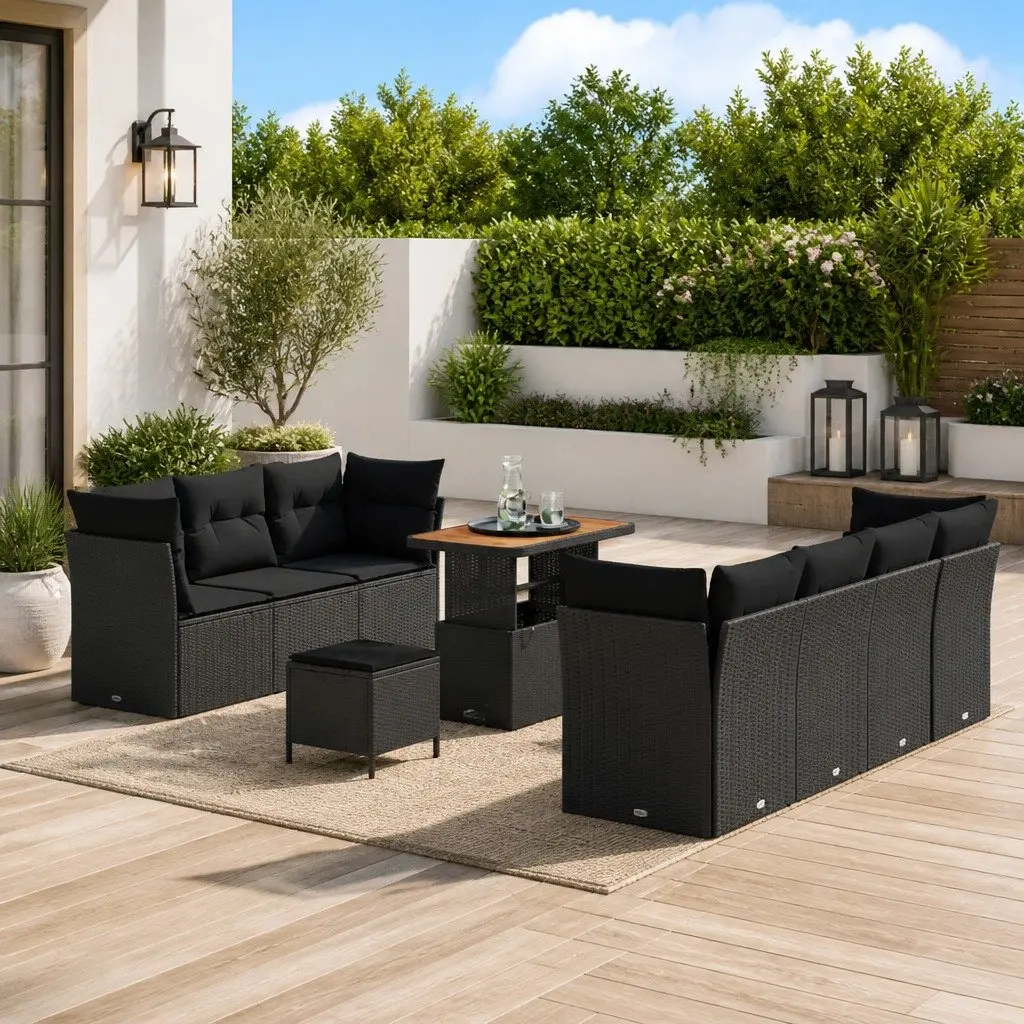 10 Piece Black Poly Rattan Outdoor Seating Set Modular Sofa with Adjustable Tabletop and Storage Compartments