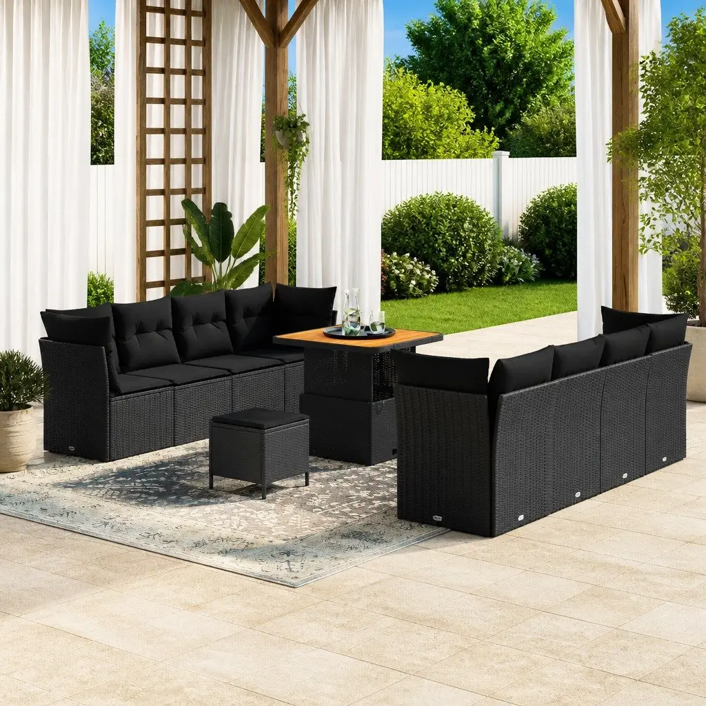 11 Piece Outdoor Garden Sofa Set Modular Poly Rattan Black with Powder Coated Steel Frame and Polyester Fiberfill Cushions