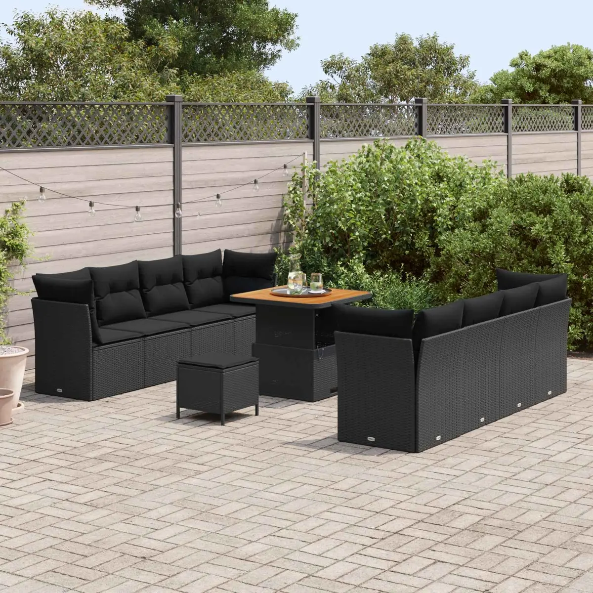 11 Piece Outdoor Garden Sofa Set Modular Poly Rattan Black with Powder Coated Steel Frame and Polyester Fiberfill Cushions