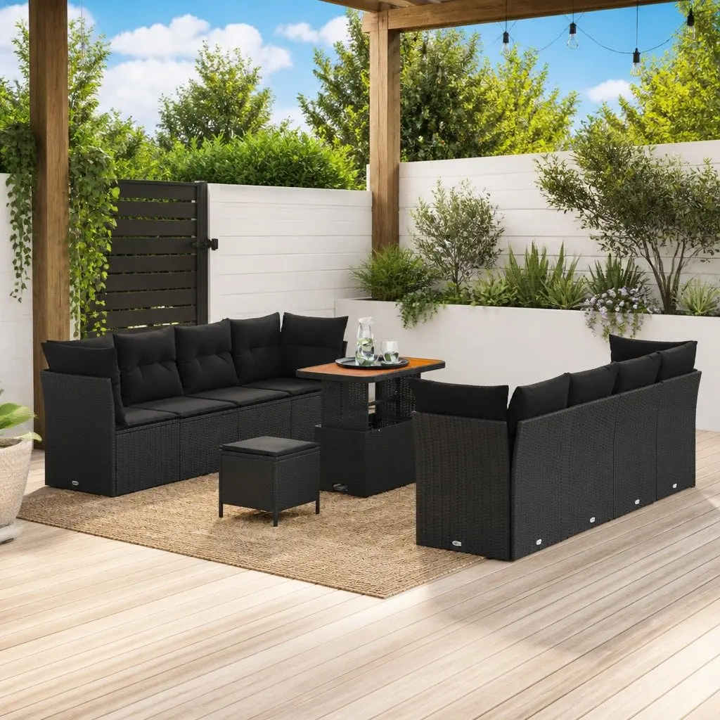 Outdoor Garden Sofa Set 11 Piece Black Poly Rattan Modular Seating with Cushions