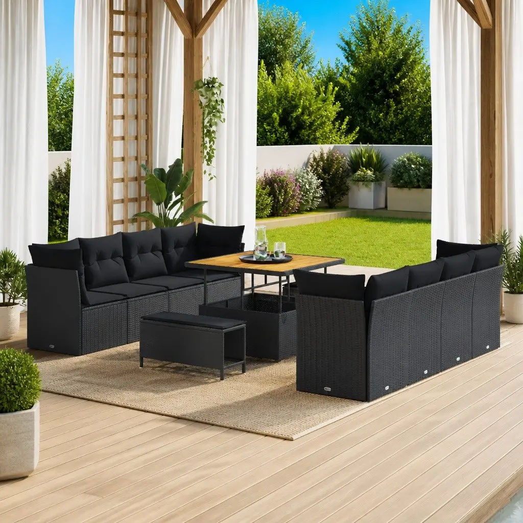 Outdoor Garden Sofa Set 11 Piece Modular Black Poly Rattan Patio Seating