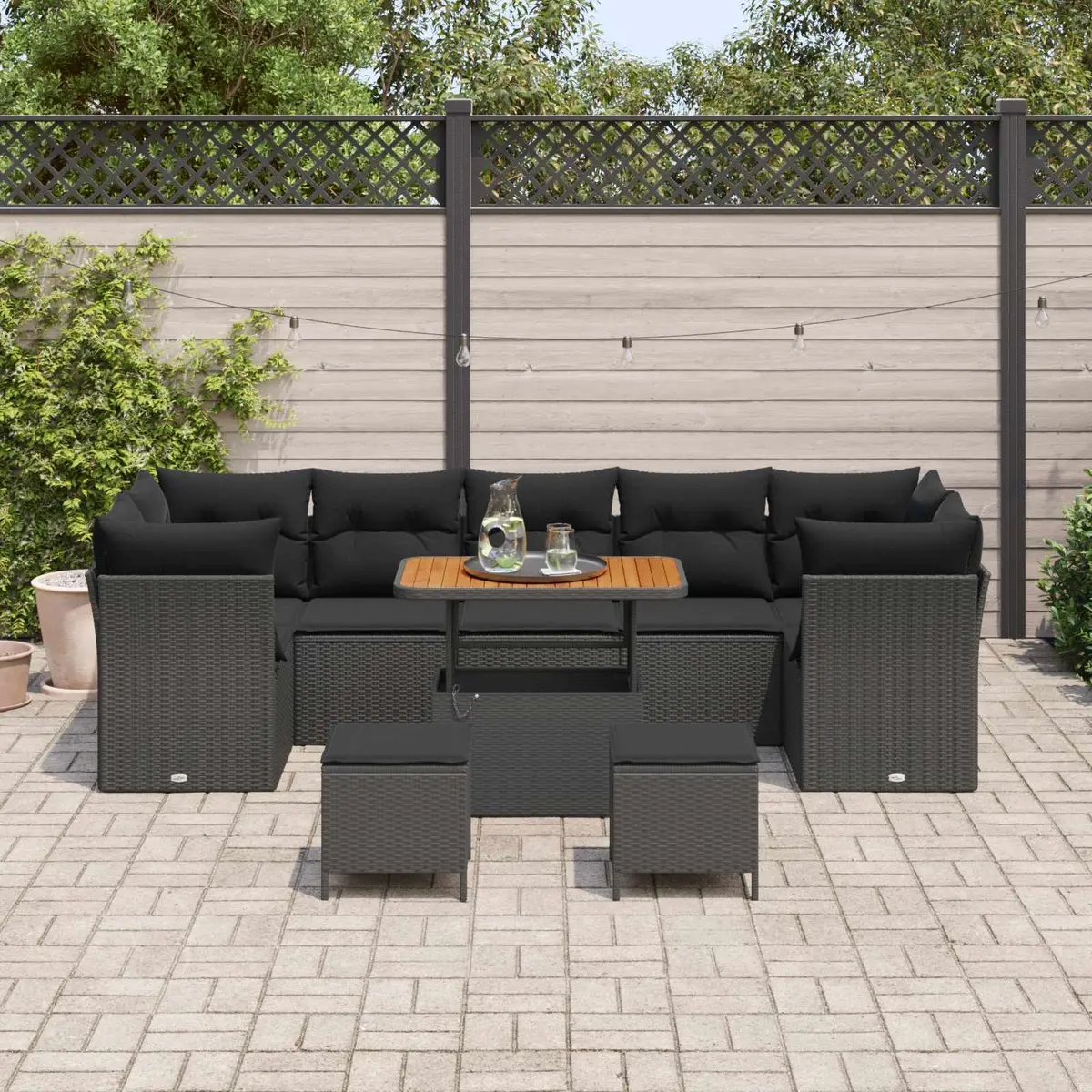 Modular Garden Sofa Set with Storage Benches Height-Adjustable Table Black