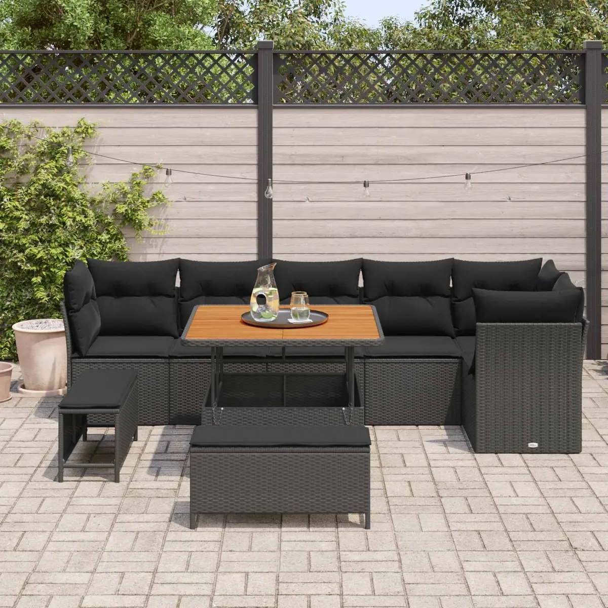 Garden Sofa Set 9 Pieces Outdoor Seating Black Poly Rattan Steel Frame Lounge