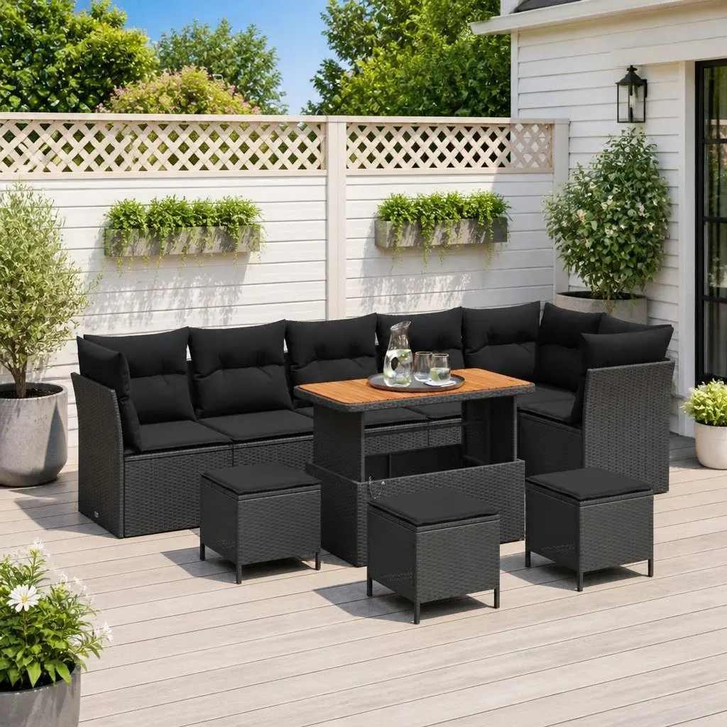 Garden Sofa Set Modular Rattan 10 Piece Black Outdoor Lounge with Storage