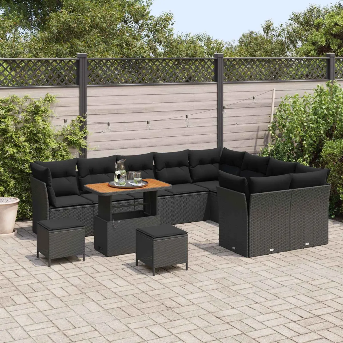 Modular Garden Sofa Set Poly Rattan Solid Acacia Wood Frame Black 12 Pieces