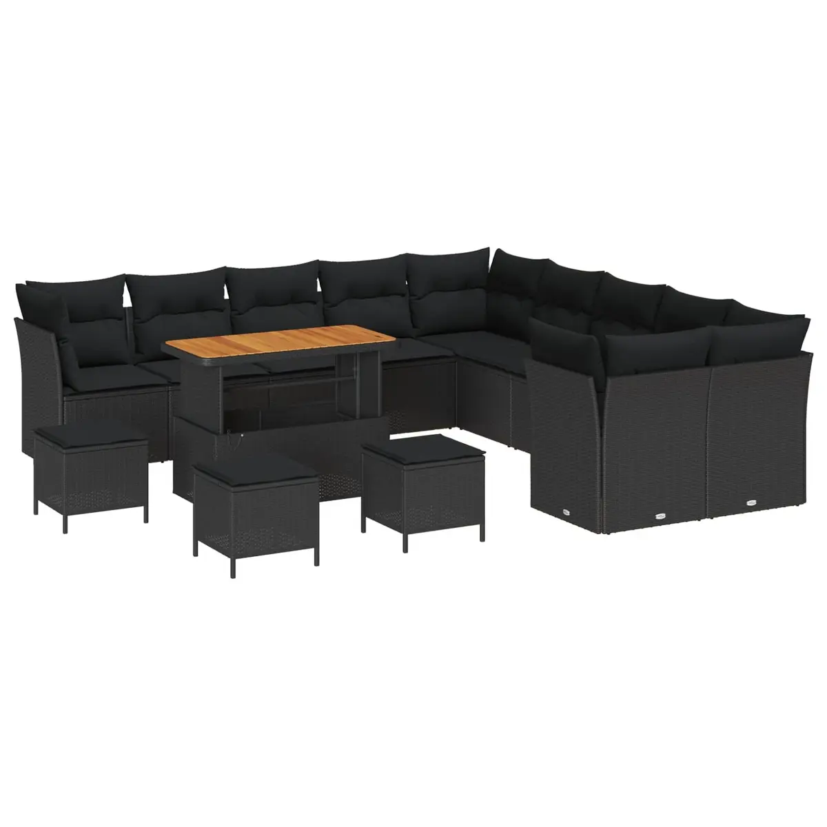 Modular Garden Sofa Set Poly Rattan Acacia Wood 14 Pieces Black
