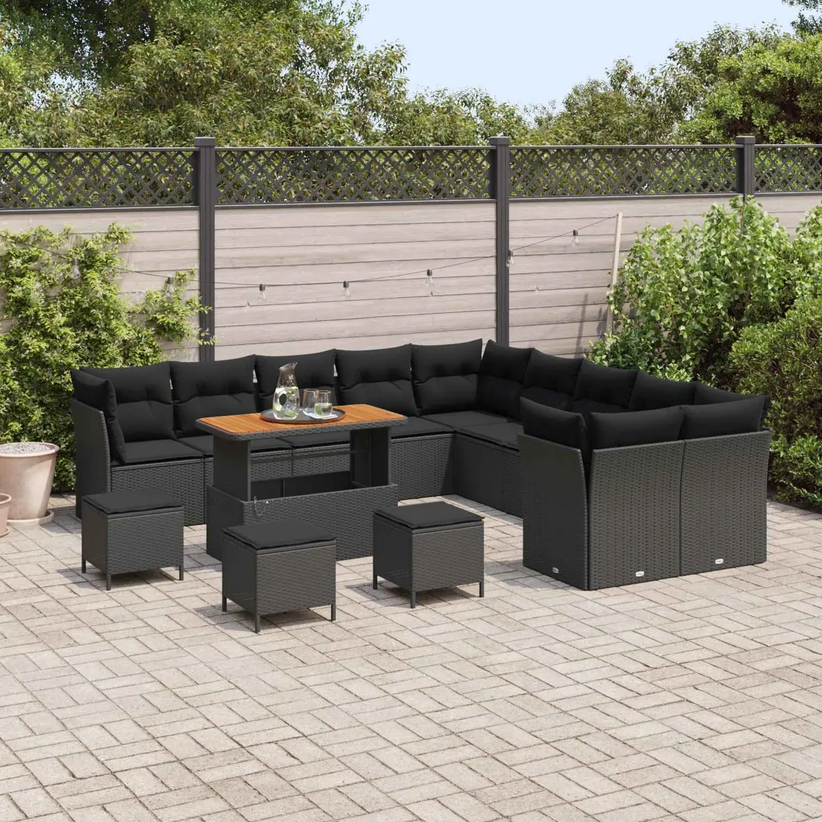 Modular Garden Sofa Set Poly Rattan Acacia Wood 14 Pieces Black