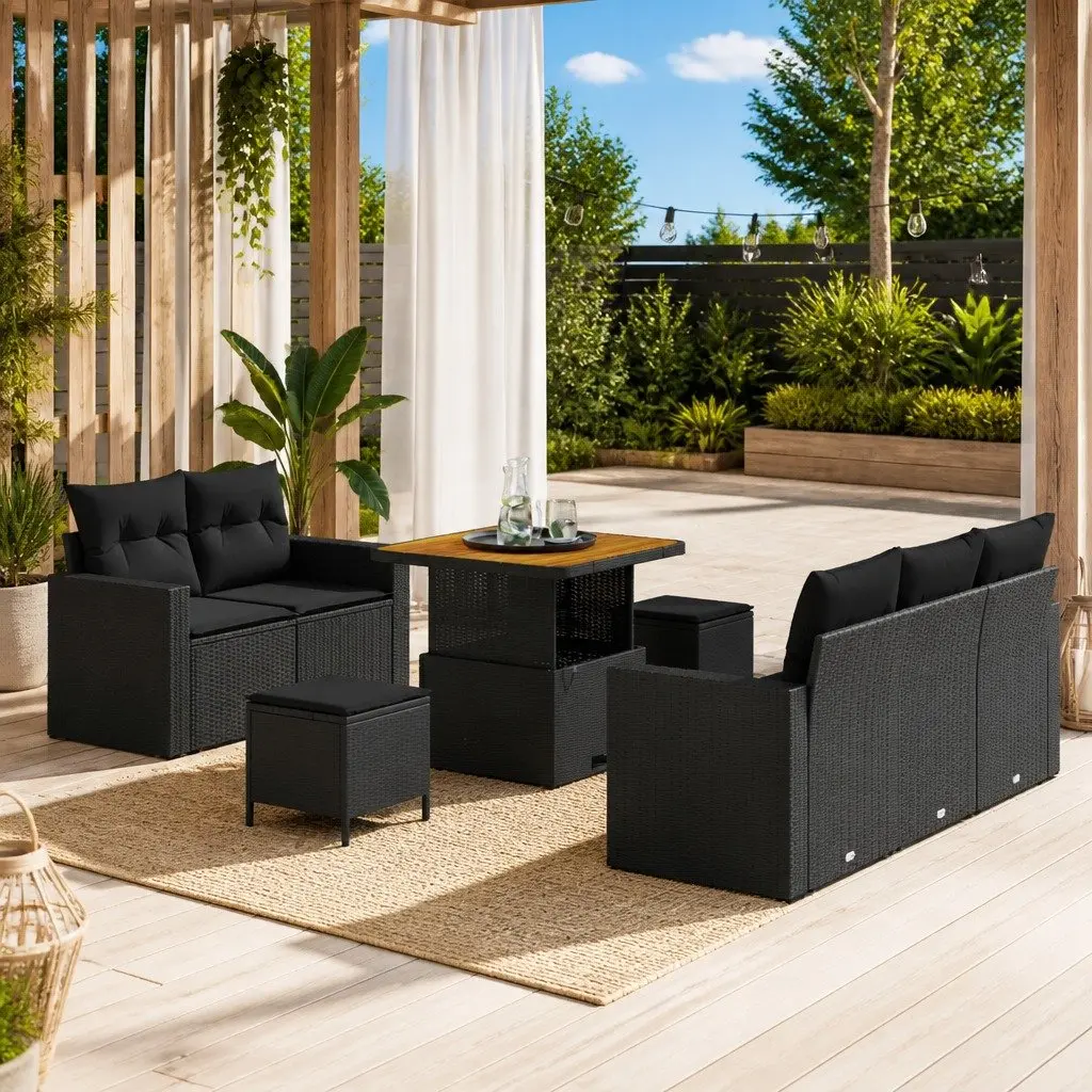 Outdoor Sofa Set Modular 8 Piece Black Poly Rattan with Acacia Wood Tabletop