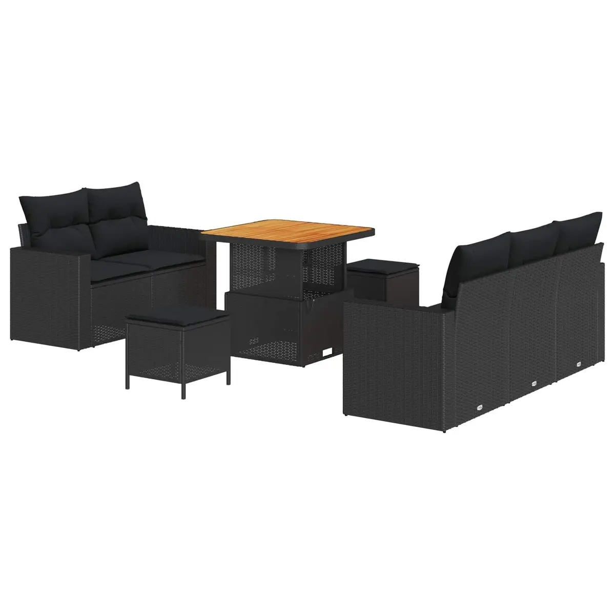 Outdoor Sofa Set Modular 8 Piece Black Poly Rattan with Acacia Wood Tabletop