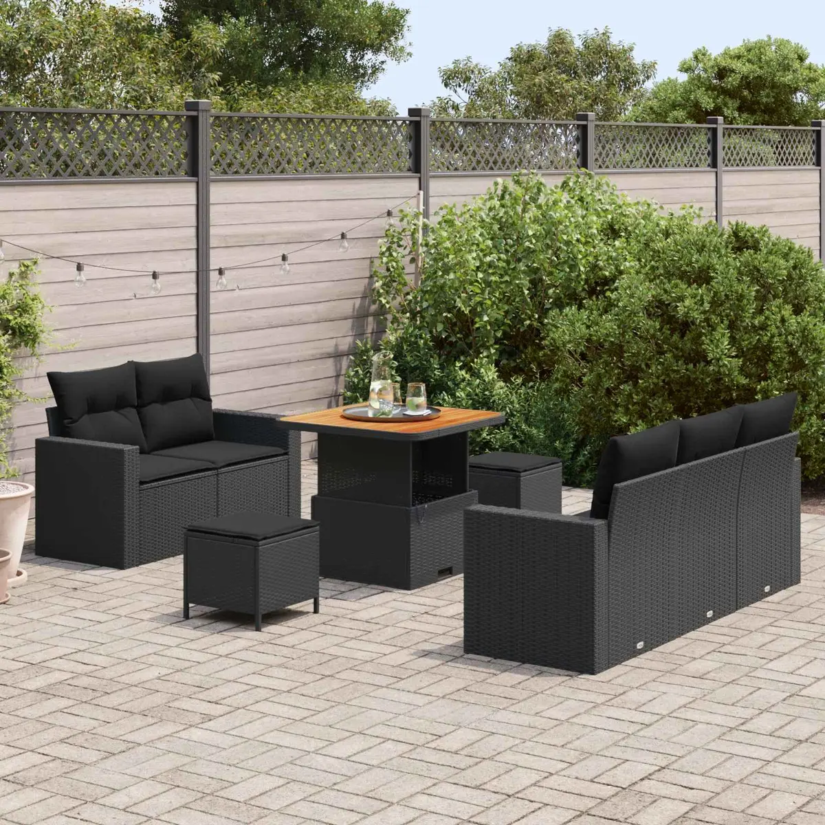 Outdoor Sofa Set Modular 8 Piece Black Poly Rattan with Acacia Wood Tabletop