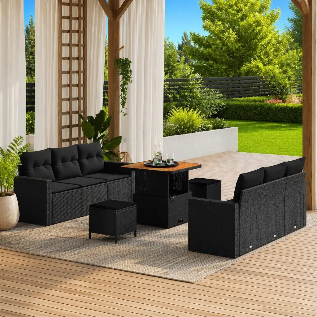 Outdoor Garden Sofa Set Modular Black Poly Rattan Steel Frame 9 Piece