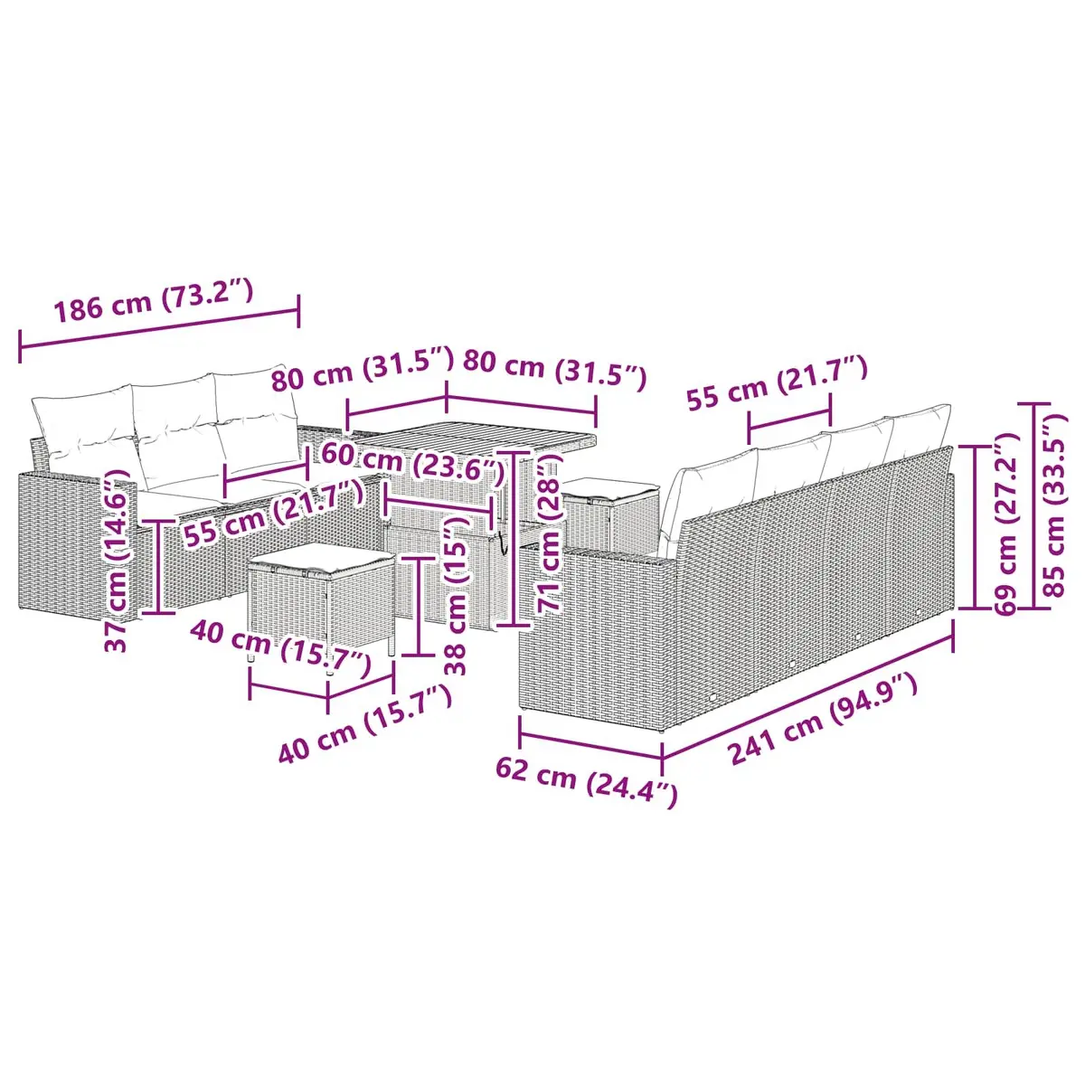 Modular Outdoor Garden Sofa Set Poly Rattan Black 10 Piece with Storage
