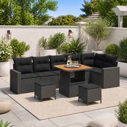 Outdoor Garden Sofa Set 11 Piece Modular Seating with Cushions Black Poly Rattan