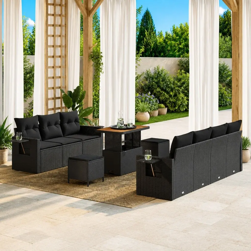 Modular Garden Sofa Set Poly Rattan 10 Pieces Black Outdoor Seating with Storage