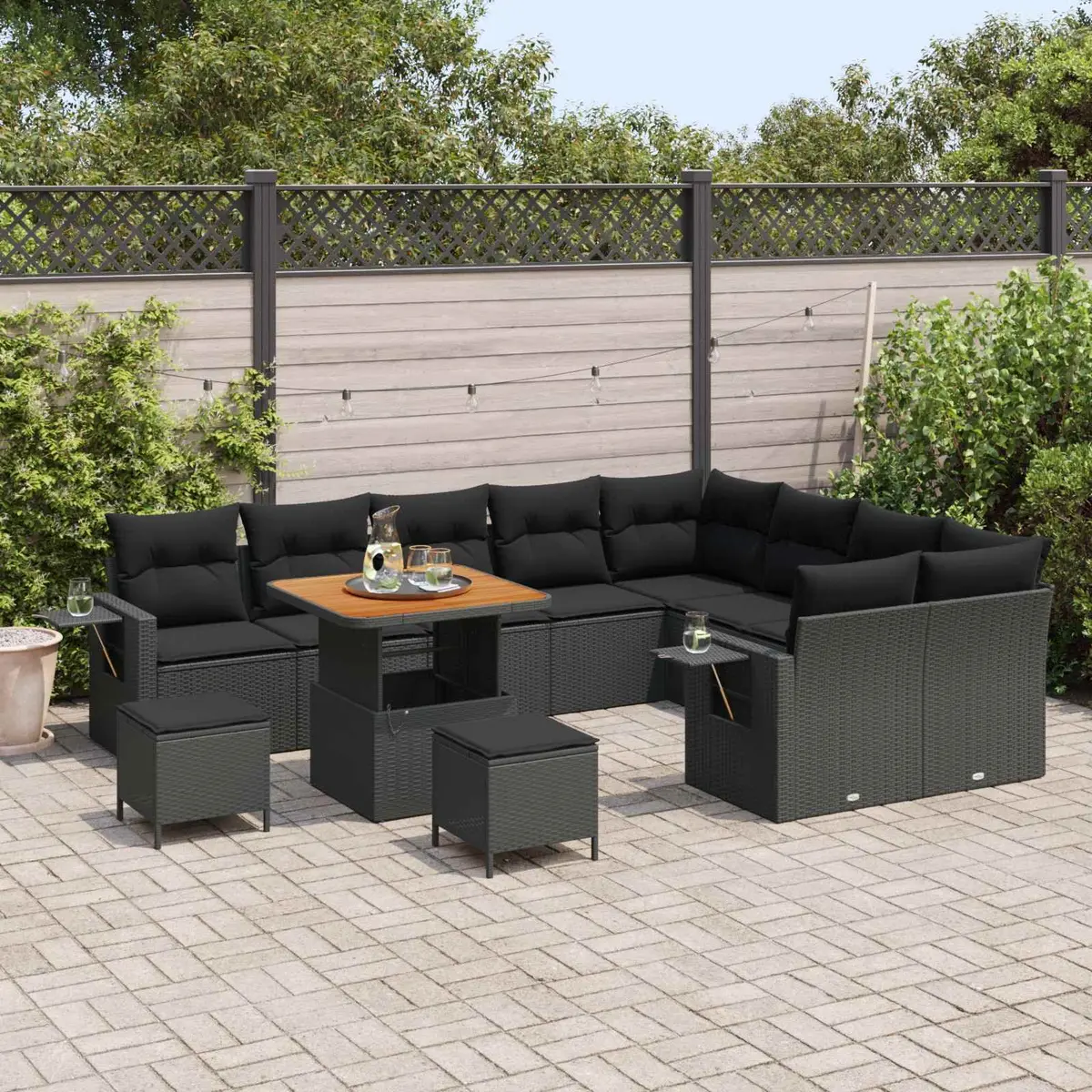 Modular Garden Sofa Set 12 Piece Outdoor Seating Black Poly Rattan Cushion