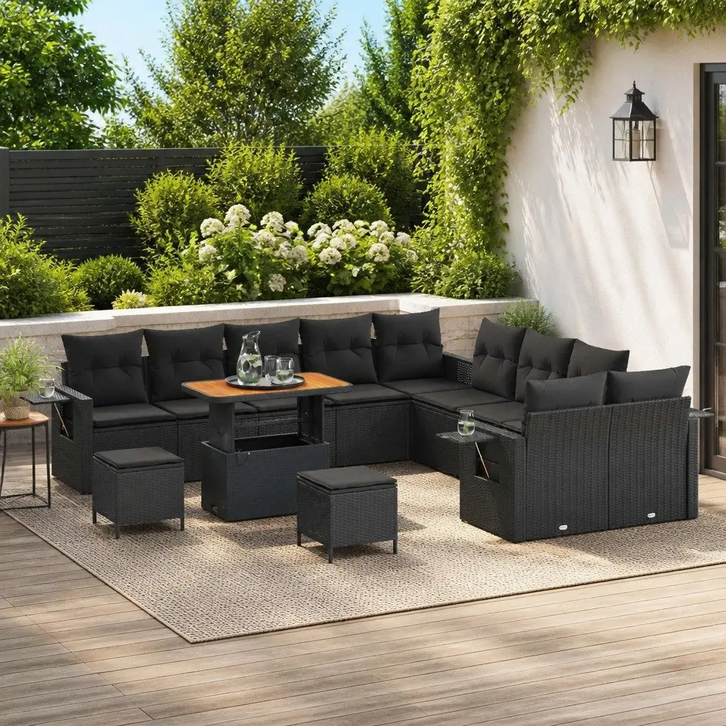 Modular Outdoor Garden Sofa Set Black Poly Rattan 13 Piece with Cushions and Storage Table