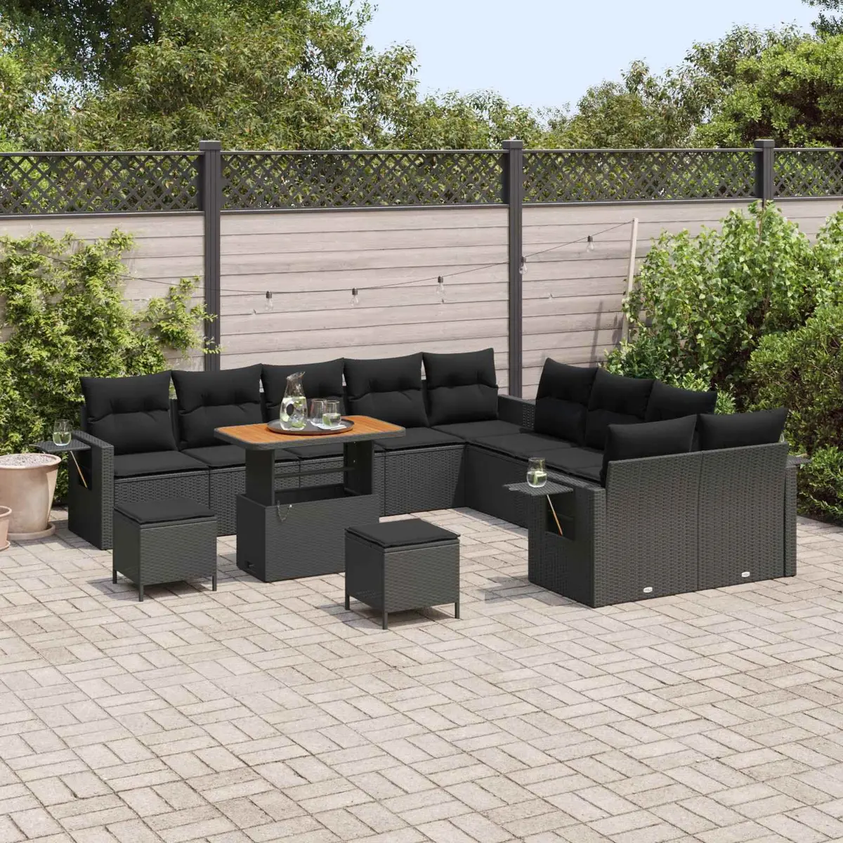 Modular Outdoor Garden Sofa Set Black Poly Rattan 13 Piece with Cushions and Storage Table