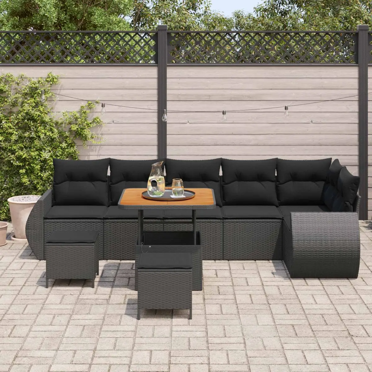 9PieceModularOutdoorSofaSetBlackPolyRattanAcaciaWoodCushionedSeatingforGardenandTerrace